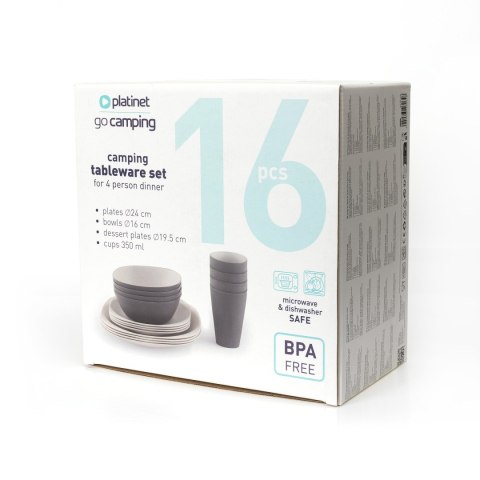 PLATINET CAMPING TABLEWARE SET 16 PCS ZESTAW NACZYŃ 16 ELEMENTÓW DLA 4 OSÓB TALERZ OBIADOWY/MISKA/TALERZYK DESEROWY/KUBEK GREY
