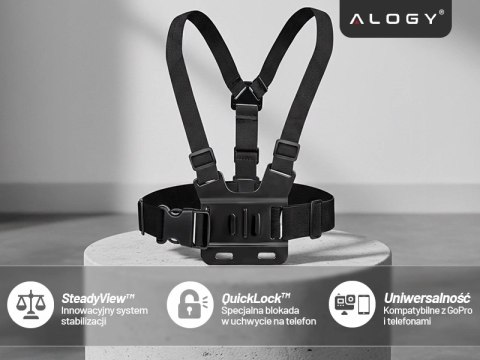 Szelki sportowe uchwyt na klatkę piersiową Alogy Chest do aparatu, kamer GoPro, telefonu uniwersalne Czarne