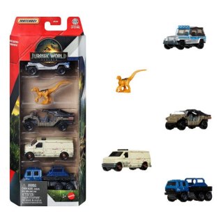 Matchbox Jurassic World Samochody zabawki i dinozaur 5-pak zabawek, zestaw z 4 metalowymi pojazdami w skali 1:64 i 1 dinozaurem 