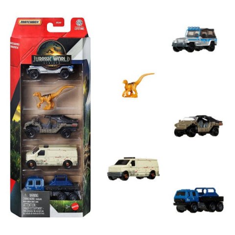 Matchbox Jurassic World Samochody zabawki i dinozaur 5-pak zabawek, zestaw z 4 metalowymi pojazdami w skali 1:64 i 1 dinozaurem 