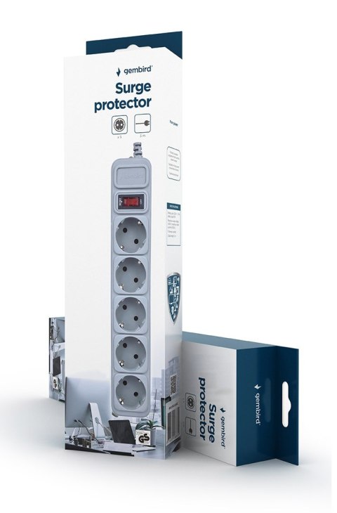 GEMBIRD LISTWA ZASILAJĄCA, PRZECIWPRZEPIĘCIOWA 5XSCHUKO, KOLOR SZARY