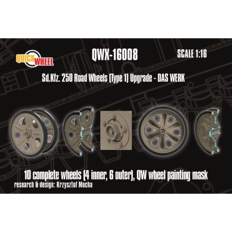 Quickwheel QWX-16008 Sd.Kfz. 250 Wheels Road Tread (Type 1) Upgrade 10 Complete Wheel (4 Inner, 6 Outer) & QW Mask - Das Werk