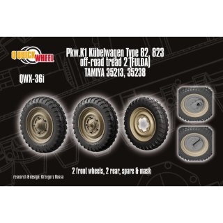 Quickwheel QWX-36 Pkw. K1 Kubelwagen Type 82, 823 Off-Road Tread 2 (Fulda) 2 Front, 2 Rear, 1 Spare & QW Mask - Tamiya