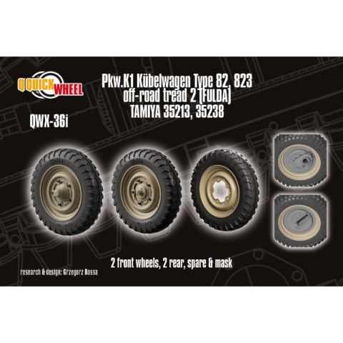 Quickwheel QWX-36 Pkw. K1 Kubelwagen Type 82, 823 Off-Road Tread 2 (Fulda) 2 Front, 2 Rear, 1 Spare & QW Mask - Tamiya