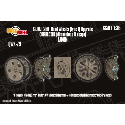Quickwheel QWX-79 Sd.Kfz. 250 Corrected Road Wheels (Type 1) Upgrade 10 Complete Wheels (6 Inner, 4 Outer) QW Wheel, Drive Sproc