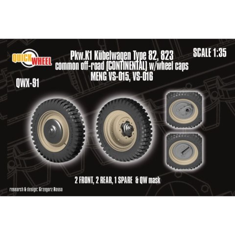 Quickwheel QWX-91 Pkw. K1 Kubelwagen Type 82, 823 Common Off-Road (Continental) w/ Wheel Caps 2 Front, 2 Rear, 1 Spare & QW Mask