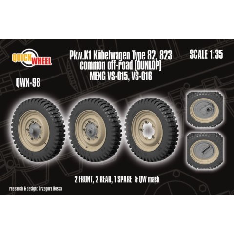 Quickwheel QWX-98 Pkw. K1 Kubelwagen Type 82, 823 Common Off-Road (Dunlop) 2 Front, 2 Rear, 1 Spare & QW Mask - Meng