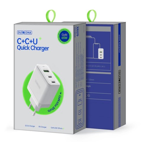 Duzzona 3-portowa ładowarka sieciowa GaN 2 x USB Typ C + USB 65W PD QC3.0 biała (T1)