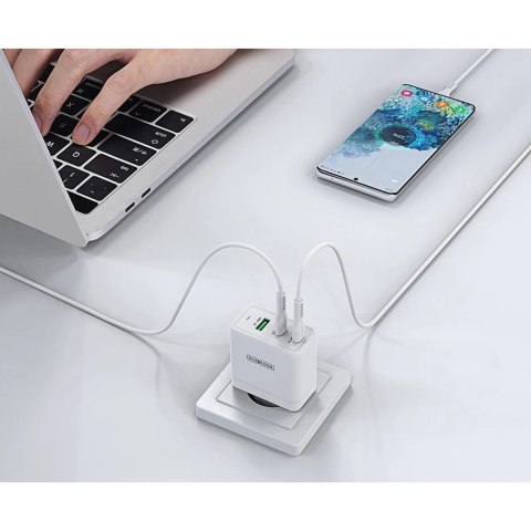 Duzzona 3-portowa ładowarka sieciowa GaN 2 x USB Typ C + USB 65W PD QC3.0 biała (T1)