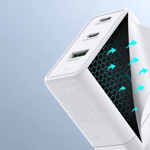 Duzzona 3-portowa ładowarka sieciowa GaN 2 x USB Typ C + USB 65W PD QC3.0 biała (T1)