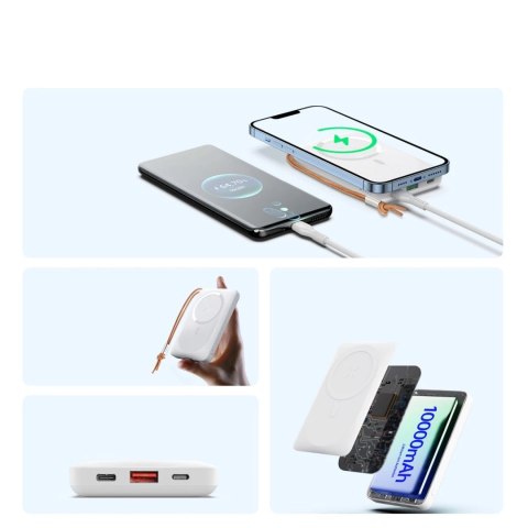 Duzzona magnetyczny powerbank 10000 mAh z funkcją ładowania bezprzewodowego (MagSafe, Qi) USB-A / USB-C 22,5W biały (W5)