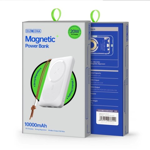 Duzzona magnetyczny powerbank 10000 mAh z funkcją ładowania bezprzewodowego (MagSafe, Qi) USB-A / USB-C 22,5W biały (W5)