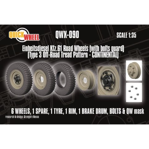 Quickwheel QWX-90 Einheitsdiesel Kfz. 61 Road Wheels with Bolts Guard (Type 3 Off-Road Tread Pattern Continental) 6 Wheels, 1 Sp