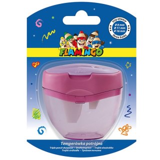 Temperówka z trzema ostrzami i przeźroczystym pojemnikiem na strużyny FLAMINGO