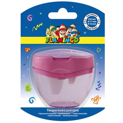 Temperówka z trzema ostrzami i przeźroczystym pojemnikiem na strużyny FLAMINGO