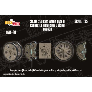 Quickwheel QWX-80 Sd.Kfz. 250 Corrected Road Wheels (Type 1) 10 Complete Wheels (6 Inner, 4 Outer) QW Wheel, Drive Sprocket Pain