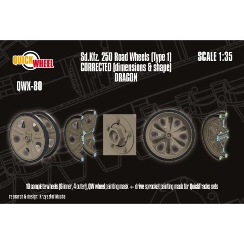 Quickwheel QWX-80 Sd.Kfz. 250 Corrected Road Wheels (Type 1) 10 Complete Wheels (6 Inner, 4 Outer) QW Wheel, Drive Sprocket Pain