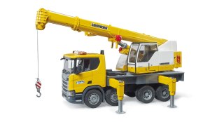 Scania Super 560R ciężarówka żółta z dużym dźwigiem Liebherr BRUDER BR-03571
