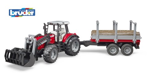 Traktor Massey Ferguson 7480 z ładowaczem czołowym, przyczepą do drzewa BRUDER BR-02046