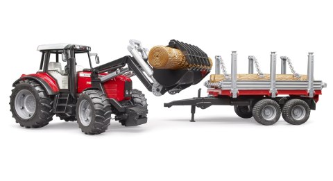 Traktor Massey Ferguson 7480 z ładowaczem czołowym, przyczepą do drzewa BRUDER BR-02046