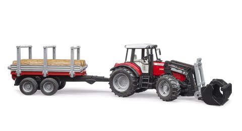 Traktor Massey Ferguson 7480 z ładowaczem czołowym, przyczepą do drzewa BRUDER BR-02046